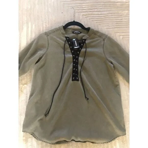 Express Womens  Olive  Lace Up Front Tassel Long Sleeve Shirt Top Size P/S - Picture 7 of 12